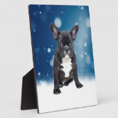 かわいいフランスのブルドッグ雪スターブルークリスマス フォトプラーク (側面)