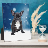 かわいいフランスのブルドッグ雪スターブルークリスマス フォトプラーク (側面)