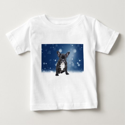 かわいいフランスのブルドッグ雪スターブルークリスマス ベビーTシャツ (正面)