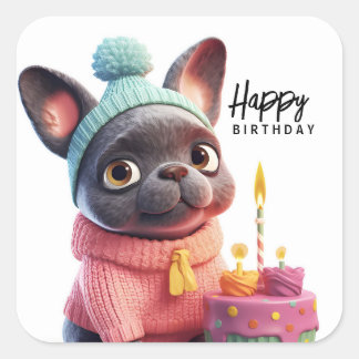かわいいフランスのブルドッグ、ピンクのドレス、お誕生日ケーキ スクエアシール