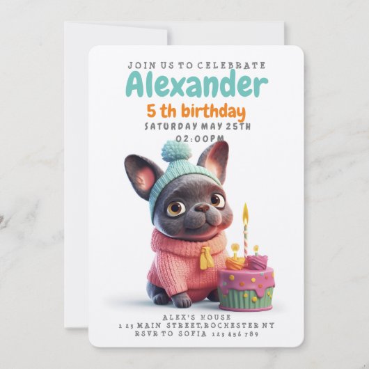 かわいいフランスのブルドッグ、ピンクのドレス、お誕生日ケーキ 招待状 (正面)