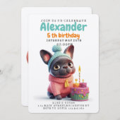 かわいいフランスのブルドッグ、ピンクのドレス、お誕生日ケーキ 招待状 (正面/裏面)