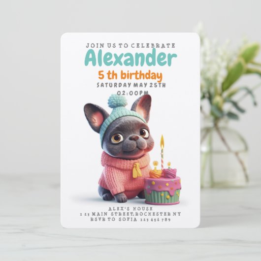 かわいいフランスのブルドッグ、ピンクのドレス、お誕生日ケーキ 招待状 (スタンド正面)