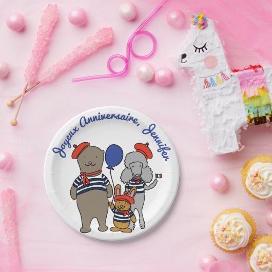 かわいいフランスのマンガ動物のパーソナライズ誕生日 ペーパープレート (パーティー)