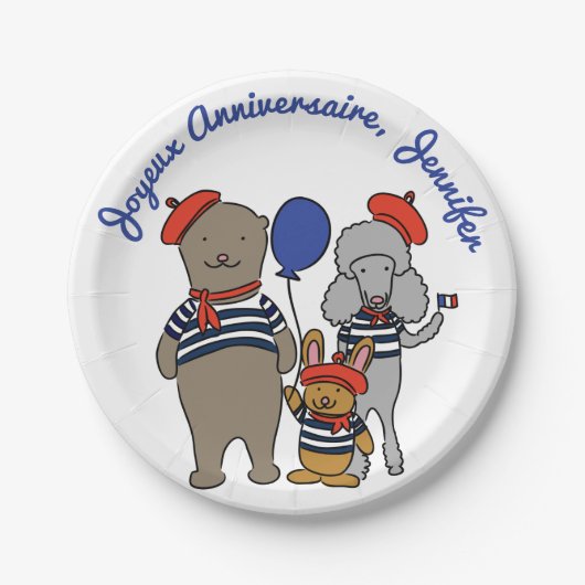 かわいいフランスのマンガ動物のパーソナライズ誕生日 ペーパープレート (正面)