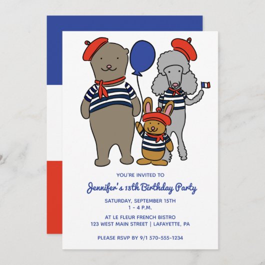 かわいいフランスのマンガ動物カスタムの誕生日パーティー 招待状 (正面/裏面)