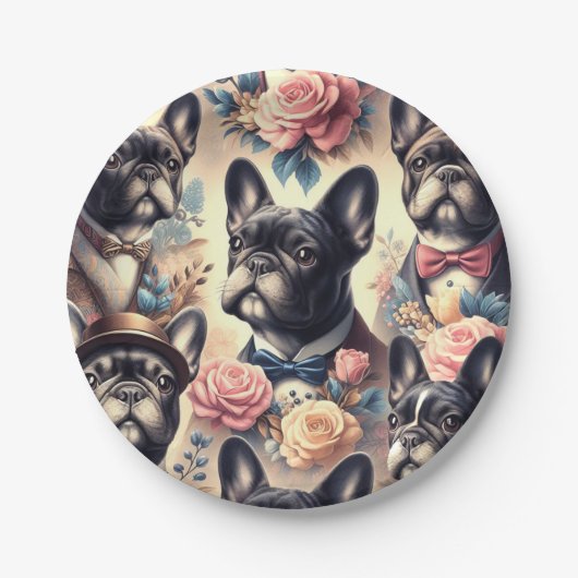 かわいいフランスのヴィンテージブ絵を描ルドッグ ペーパープレート (正面)