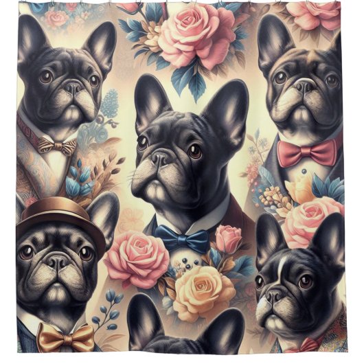 かわいいフランスのヴィンテージブ絵画ルドッグ シャワーカーテン (正面)