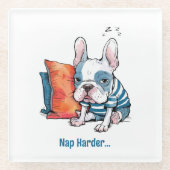 かわいいフランスの愛犬、服を着たおもしろい動物 ガラスコースター (正面)