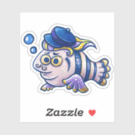 かわいいフランスの魚のステッカー 麦わ帽をかぶっている シール
