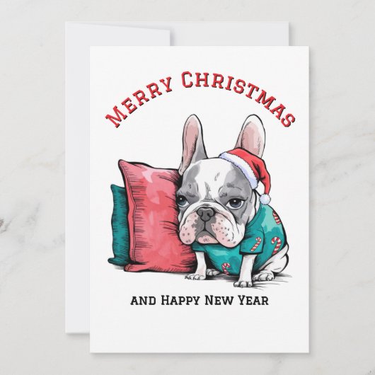 かわいいフランス人のペット犬、サンタハット、クリスマスおもしろい。 シーズンカード (正面)