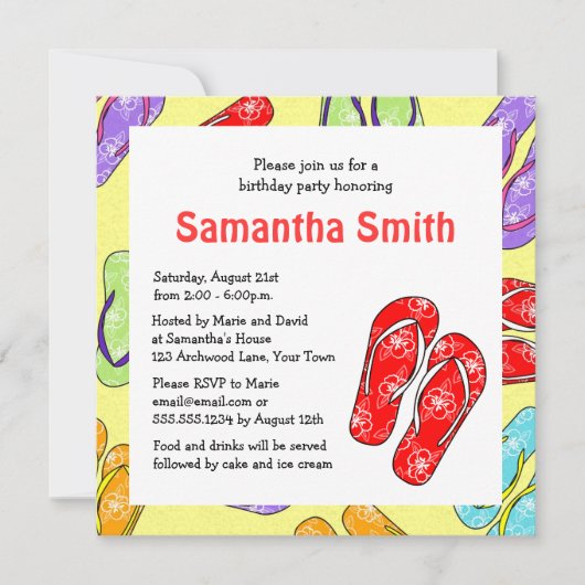 かわいいフリップフロップビーチをテーマにした誕生日パーティー 招待状 (正面)
