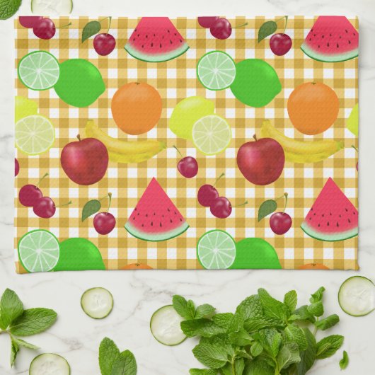 かわいいフルーツと金ゴールドギンガムチェック キッチンタオル (折り畳み)