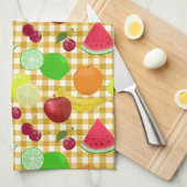 かわいいフルーツと金ゴールドギンガムチェック キッチンタオル (四つ折り)