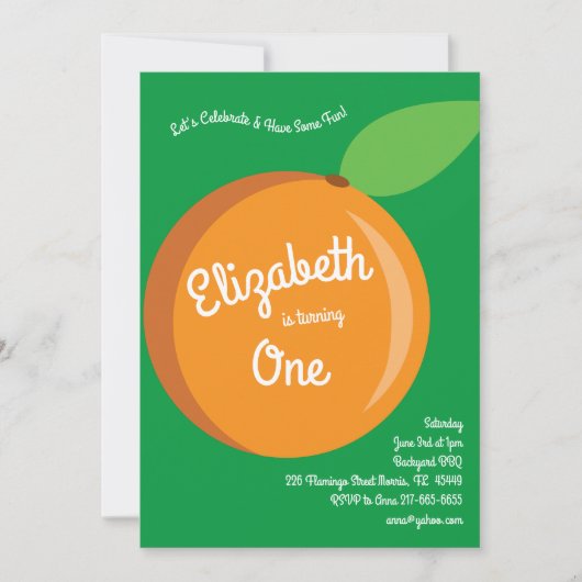 かわいいフルーツオレンジキッズ1st誕生日パーティー 招待状 (正面)