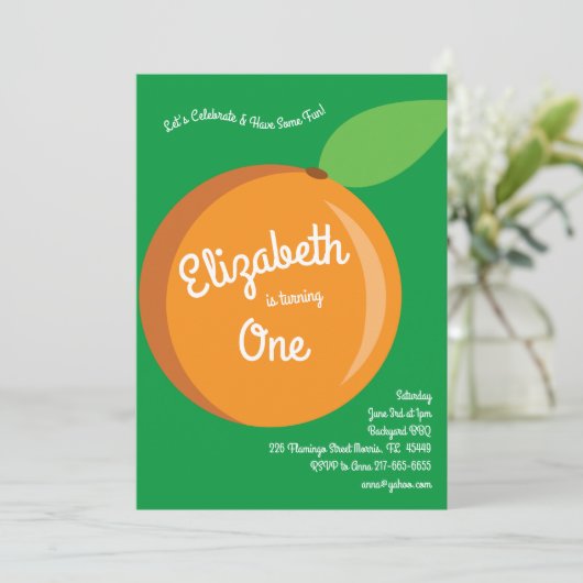 かわいいフルーツオレンジキッズ1st誕生日パーティー 招待状 (スタンド正面)