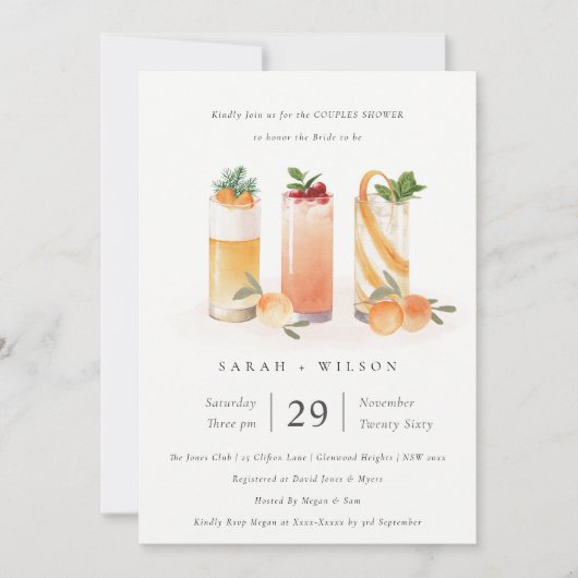 かわいいフルーツカクテルオレンジカップルシャワー招待状 サンキューカード (正面)