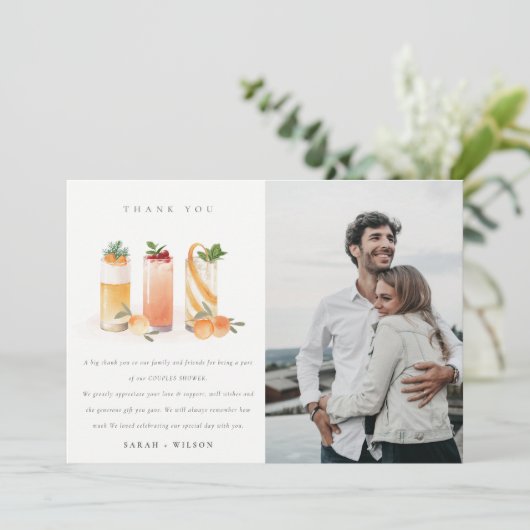 かわいいフルーツカクテルオレンジ写真カップルシャワー サンキューカード (スタンド正面)