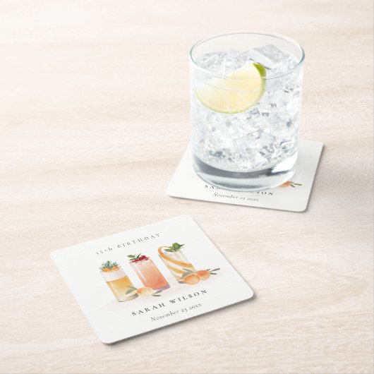 かわいいフルーツカクテル オレンジ ブラッシュ 誕生日 スクエアペーパーコースター (インサイチュ)