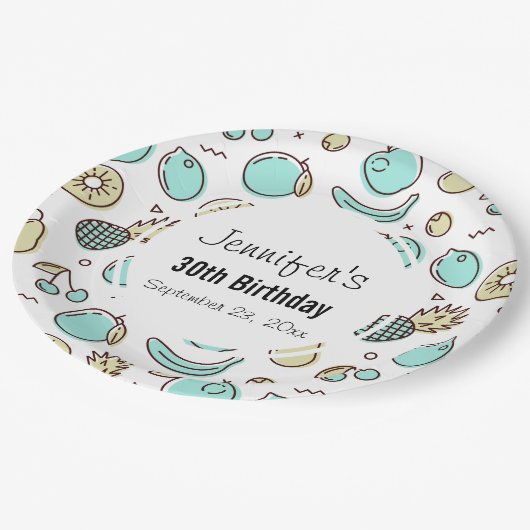 かわいいフルーツパターン夏をテーマにした誕生日 ペーパープレート (アングル)