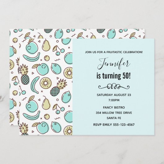 かわいいフルーツパターン夏をテーマにした誕生日 招待状 (正面/裏面)