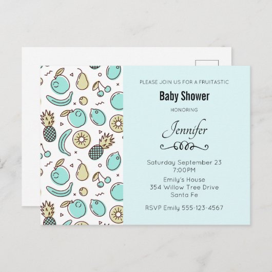 かわいいフルーツパターン夏をテーマにした赤ちゃんシャワー インビテーションポストカード (正面/裏面)