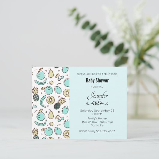 かわいいフルーツパターン夏をテーマにした赤ちゃんシャワー インビテーションポストカード (スタンド正面)