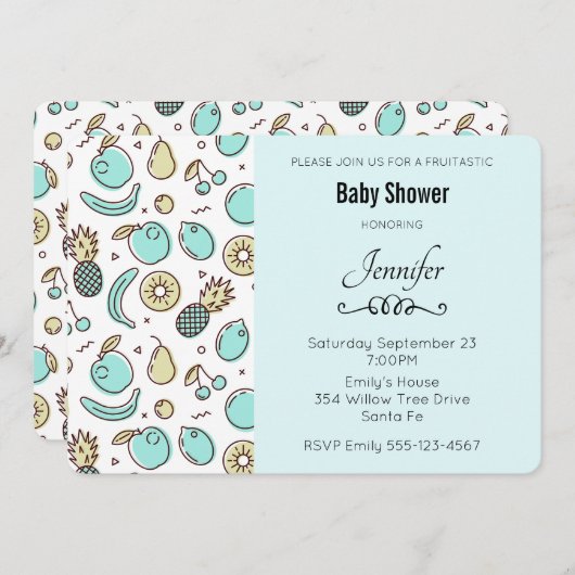 かわいいフルーツパターン夏をテーマにした赤ちゃんシャワー 招待状 (正面/裏面)