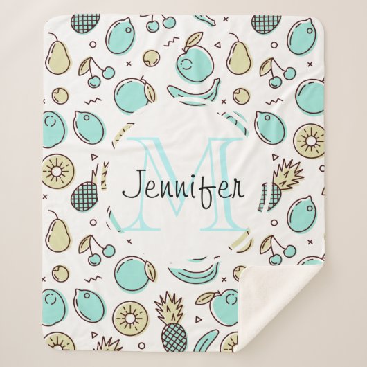 かわいいフルーツパターン夏ラインスケッチモノグラム シェルパブランケット (正面)