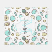 かわいいフルーツパターン夏ラインスケッチモノグラム フリースブランケット (正面(横))