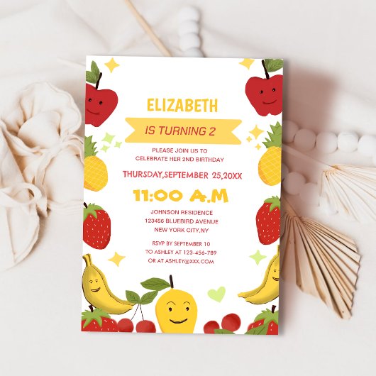 かわいいフルーツユニークをテーマにした子どもの誕生日 招待状