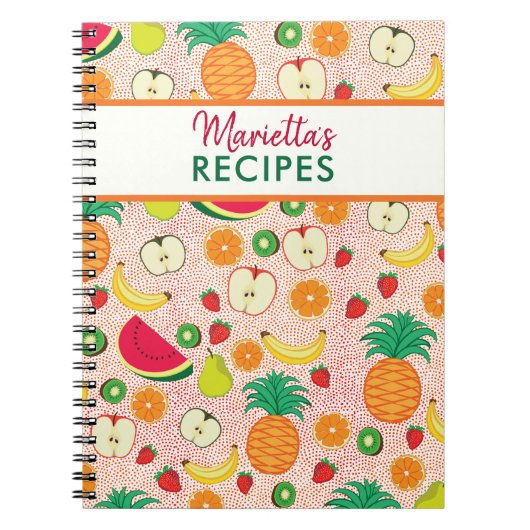 かわいいフルーツ柄カラフルパーソナライズされたレシピ ノートブック (正面)