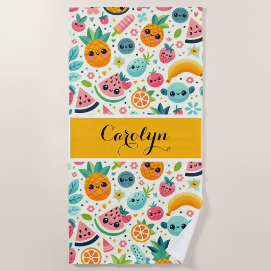 かわいいフルーツ柄  カスタマイズ モノグラム サマー  ビーチタオル (正面)