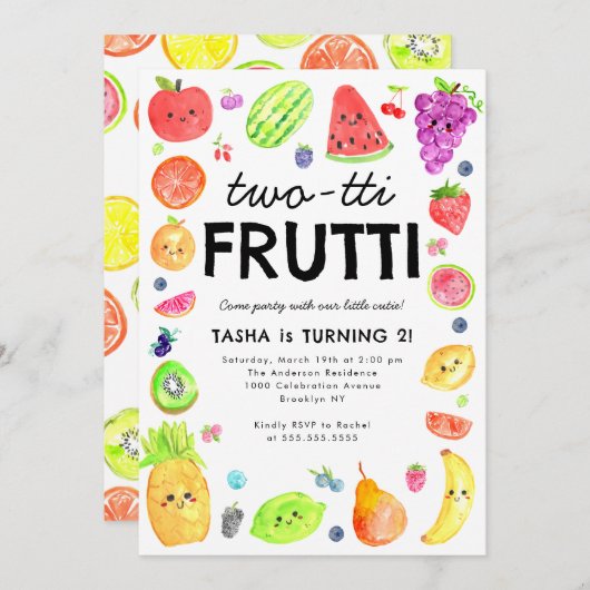 かわいいフルーティ夏のフルーツ2nd誕生日 招待状 (正面/裏面)