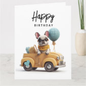 かわいいフレンチブルドッグが乗ったビンテージカー カード (正面)