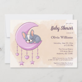かわいいフレンチブルドッグの子犬 ピンクムーンベイビーシャワー 招待状