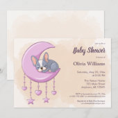 かわいいフレンチブルドッグの子犬 ピンクムーンベイビーシャワー 招待状 (正面/裏面)