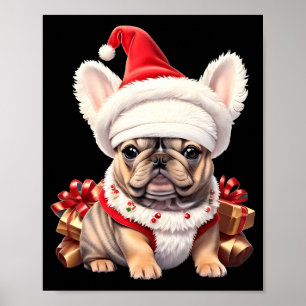 かわいいフレンチブルドッグサンタ帽子メリークリスマスTシャツ ポスター