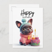 かわいいフレンチブルドッグ、ピンクのドレス、誕生日ケーキ ポストカード (正面/裏面)