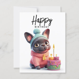 かわいいフレンチブルドッグ、ピンクのドレス、誕生日ケーキ ポストカード