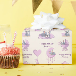 かわいいフレンチブルドッグ ピンク 女の子 誕生日 ラッピングペーパー