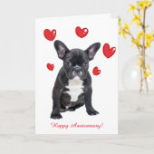 かわいいフレンチ・ブルドッグの赤いハート記念日カード カード (黄色い花)