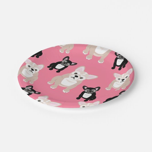 かわいいフレンチ・ブルドッグパターンピンクのパーティーのケーキ ペーパープレート (アングル)