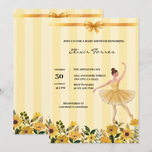 かわいいフローライエローバレリーナリボンベビーシャワー 招待状 (正面/裏面)
