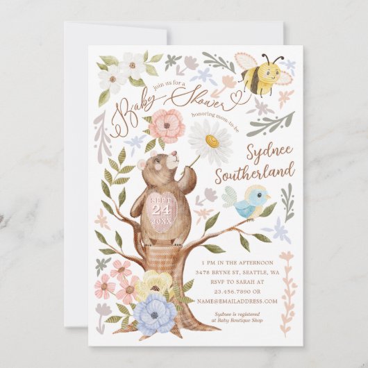 かわいいフローラウッドランド編みクマのベビーシャワー 招待状 (正面)
