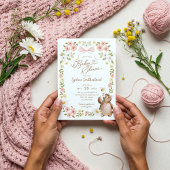 かわいいフローラウッドランド編みクマ赤ちゃんガールシャワー 招待状