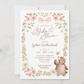かわいいフローラウッドランド編みクマ赤ちゃんガールシャワー 招待状 (正面)