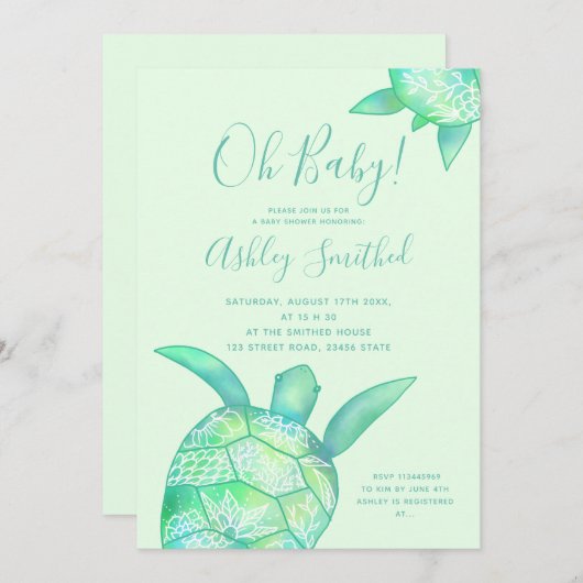 かわいいフローラウミガメ夏の水色の赤ちゃんシャワー 招待状 (正面/裏面)