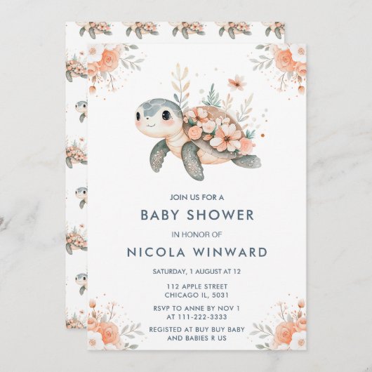 かわいいフローラウミガメ赤ちゃんシャワー 招待状 (正面/裏面)