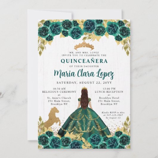 かわいいフローラエメラルドグリーンホースチャラキンセアニェラ 招待状 (正面)